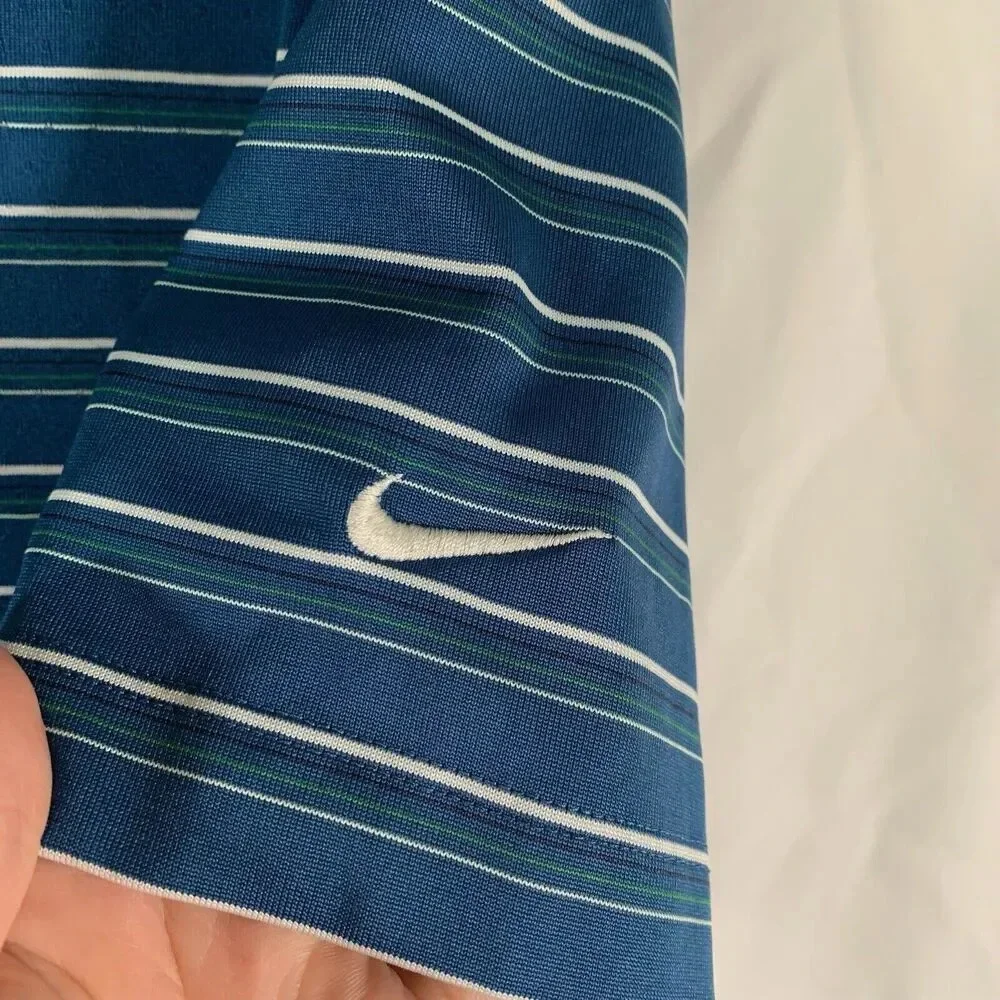 Nike Golf Shirt Mens Large Blue Green Striped Short Sleeve 1/4 Button Polo